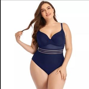 Navy blue European and American plus size swim suit women's one piece mesh plain
